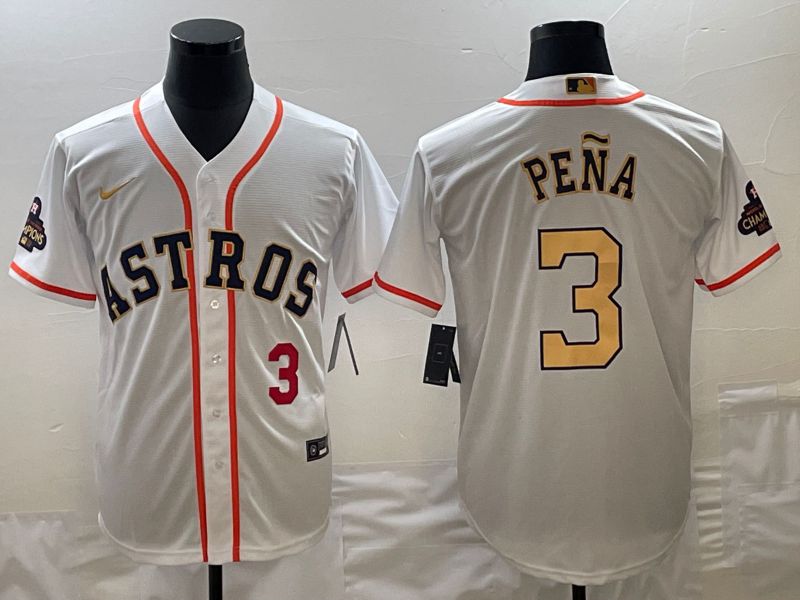 Men Houston Astros #3 Pena White Gold Game 2025 Nike MLB Jersey style 3